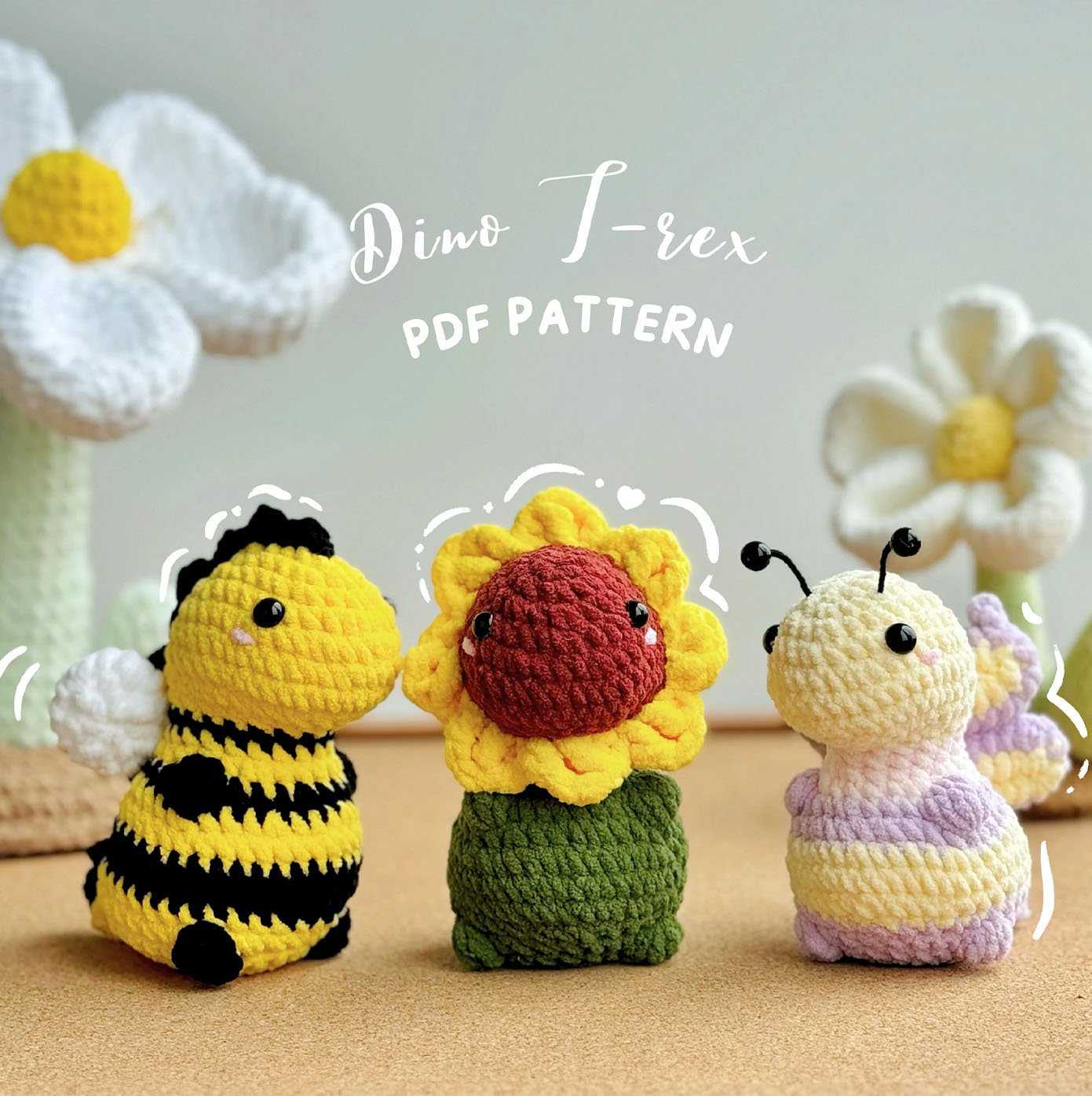 11 Sunflower Dinosaur No Sew Crochet Pattern, Butterfly Dinosaur Crochet Pattern, Bee-rex Crochet Pattern, No Sew Amigurumi Crochet Patterns - Image 1