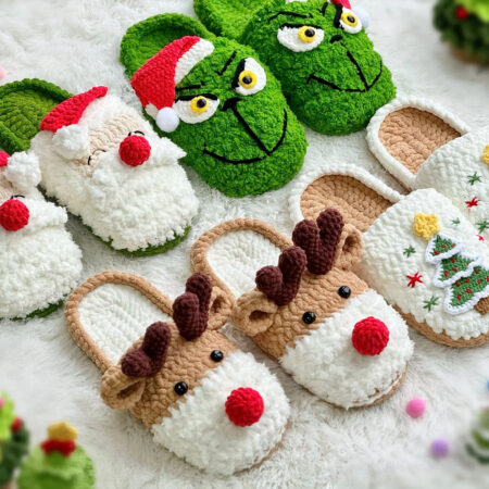 Crochet Christmas Pattern, Grrinch Slippers Crochet, Santa Claus & Reindeer Slippers Pattern, Christmas Tree Slippers Pattern
