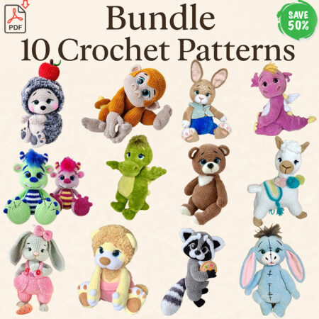 Ultimate Amigurumi Animal Crochet Pattern Bundle - 10-in-1 Digital PDF Pack - Hedgehog, Bunny, Raccoon, Crocodile, Dragon, Lama, Tiger, Lion, Monkey, Donkey & More!
